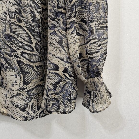 Zara Snake Print Blouse XS Sheer Chiffon V Neck Bling Cuff Button Work Sexy Top - Picture 2 of 14